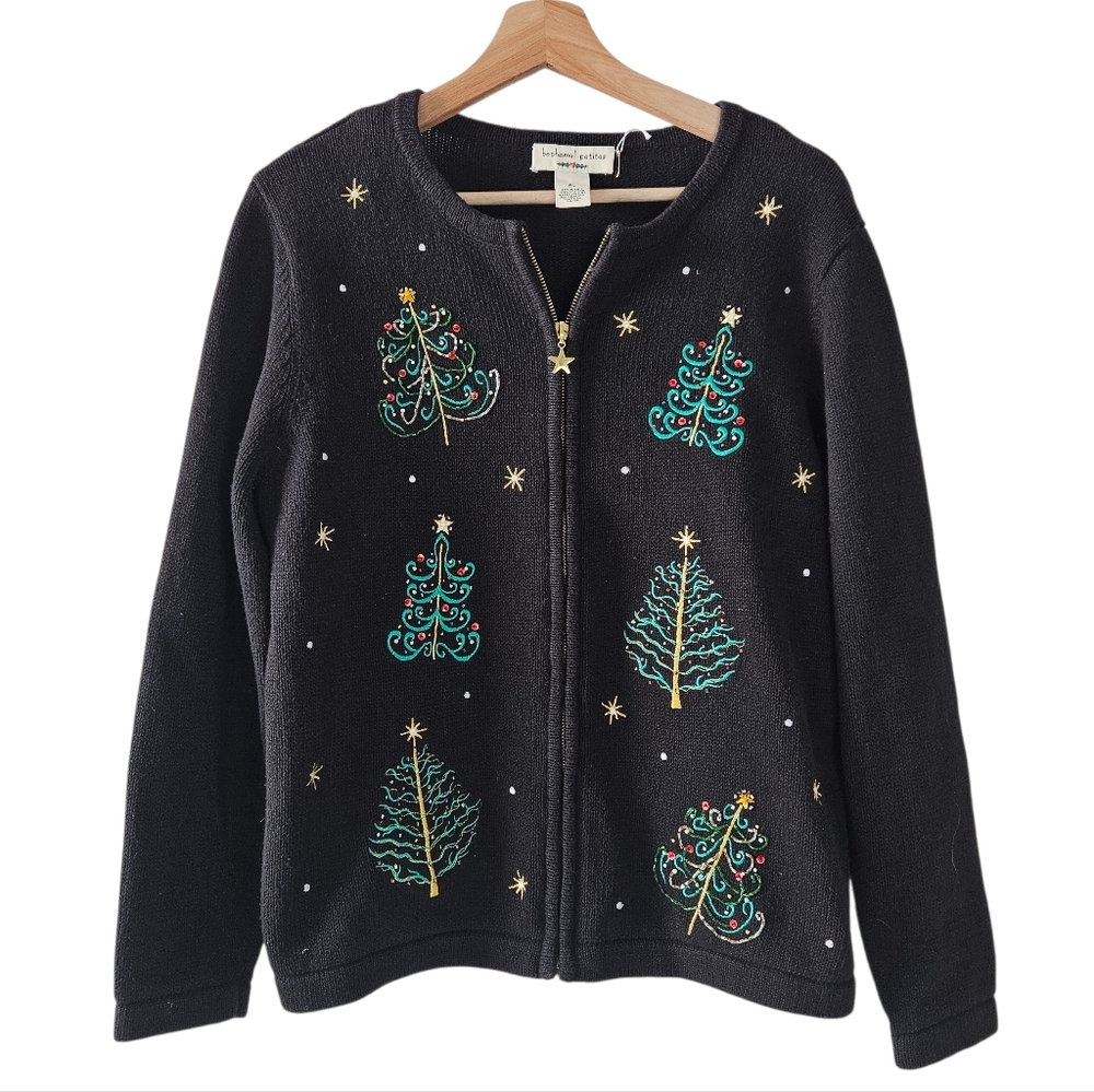 Bechamel Petites Embroidered Bedazzled Christmas Party Ugly Tacky Cute Cardigan